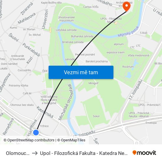 Olomouc, Tržnice to Upol - Filozofická Fakulta - Katedra Nederlandistiky A Žurnalistiky map