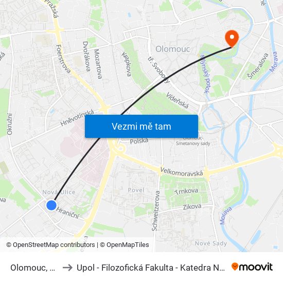 Olomouc, Nová Ulice to Upol - Filozofická Fakulta - Katedra Nederlandistiky A Žurnalistiky map