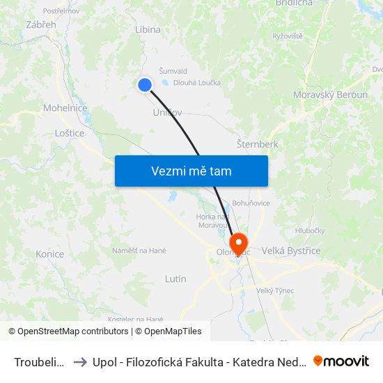 Troubelice Střed to Upol - Filozofická Fakulta - Katedra Nederlandistiky A Žurnalistiky map