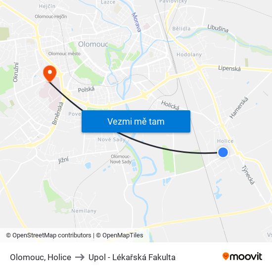 Olomouc, Holice to Upol - Lékařská Fakulta map