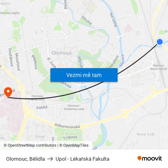 Olomouc, Bělidla to Upol - Lékařská Fakulta map