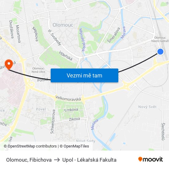 Olomouc, Fibichova to Upol - Lékařská Fakulta map