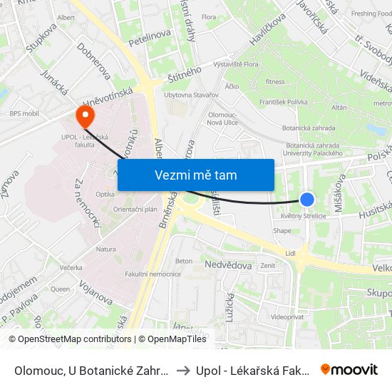 Olomouc, U Botanické Zahrady to Upol - Lékařská Fakulta map