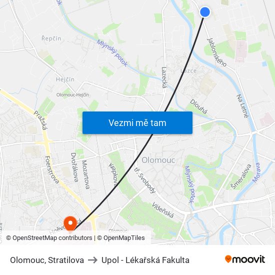 Olomouc, Stratilova to Upol - Lékařská Fakulta map