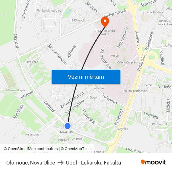 Olomouc, Nová Ulice to Upol - Lékařská Fakulta map