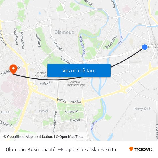 Olomouc, Kosmonautů to Upol - Lékařská Fakulta map
