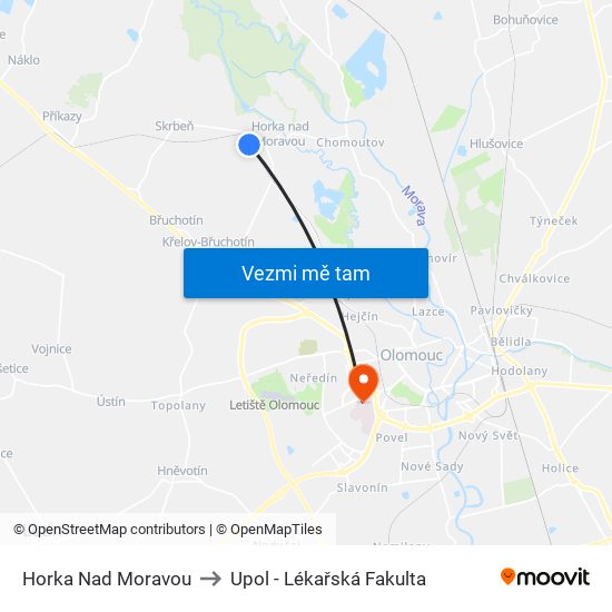 Horka Nad Moravou to Upol - Lékařská Fakulta map