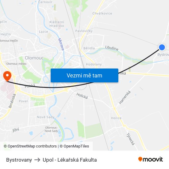 Bystrovany to Upol - Lékařská Fakulta map