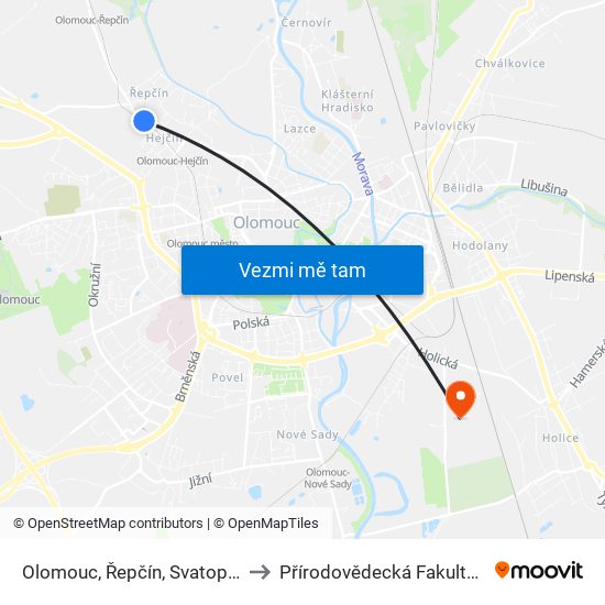 Olomouc, Řepčín, Svatoplukova to Přírodovědecká Fakulta Up Ol map