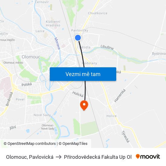 Olomouc, Pavlovická to Přírodovědecká Fakulta Up Ol map