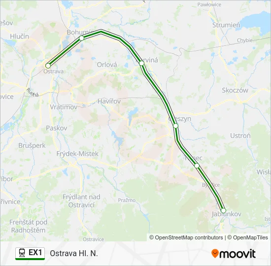 Поезд EX1: карта маршрута