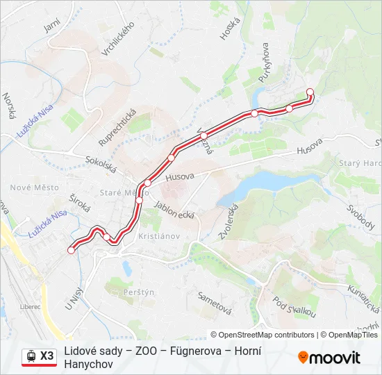 X3 tramvaj Mapa linky