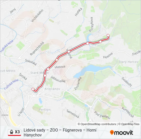X3 tramvaj Mapa linky