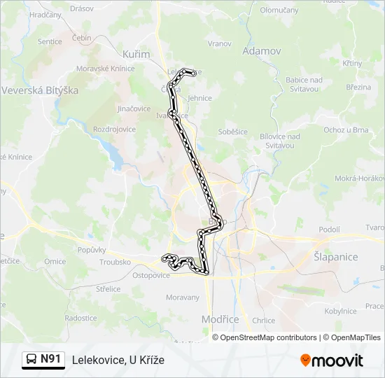 Автобус N91: карта маршрута