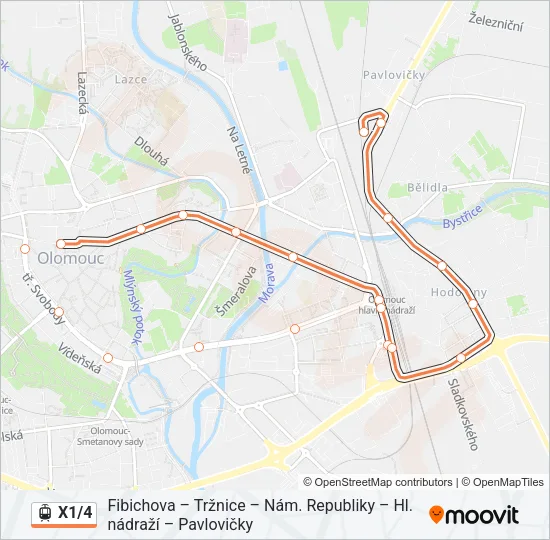 X1/4 tramvaj Mapa linky