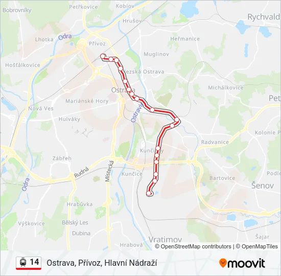 14 tramvaj Mapa linky