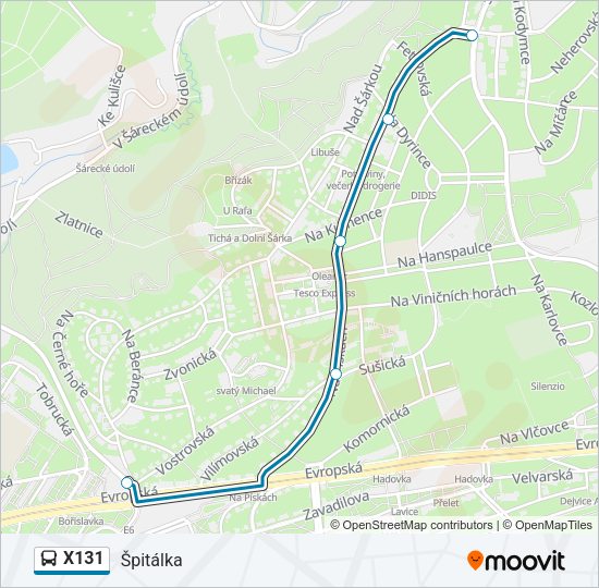 Автобус X131: карта маршрута
