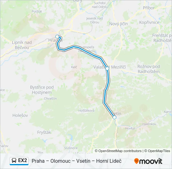 EX2 autobus Mapa linky