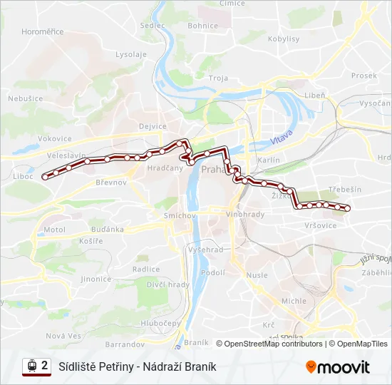 2 tramvaj Mapa linky