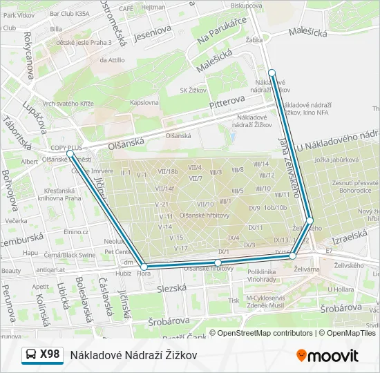 Автобус X98: карта маршрута