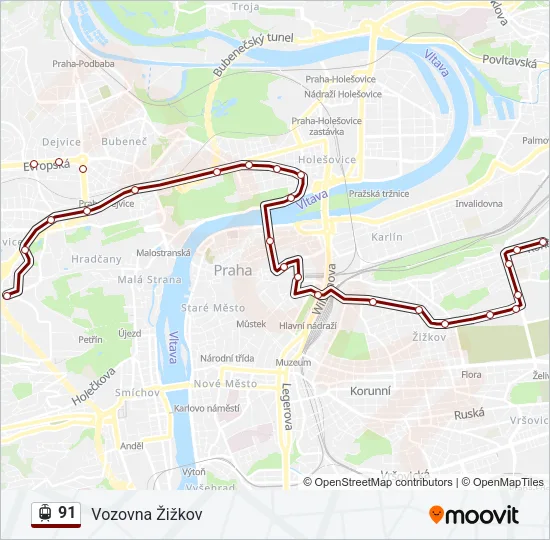 91 tramvaj Mapa linky