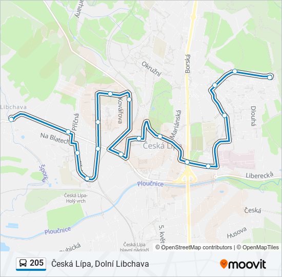 205 autobus Mapa linky