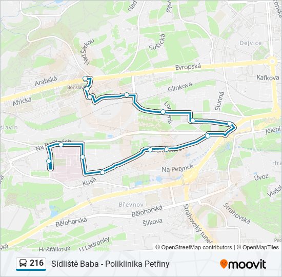 216 autobus Mapa linky