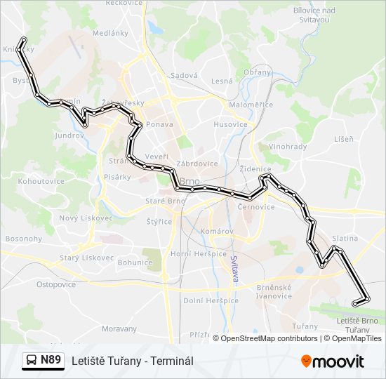 N89 autobus Mapa linky