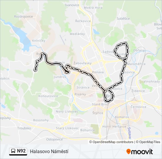 N92 autobus Mapa linky