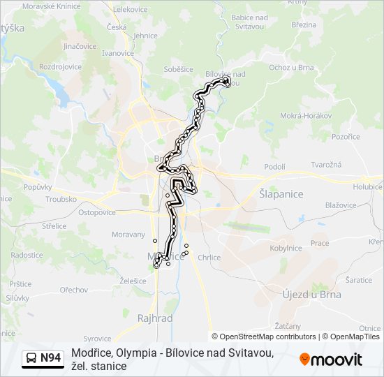 N94 autobus Mapa linky