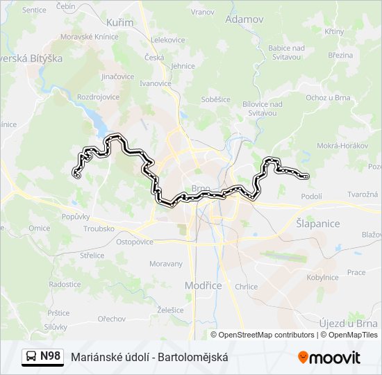 N98 autobus Mapa linky