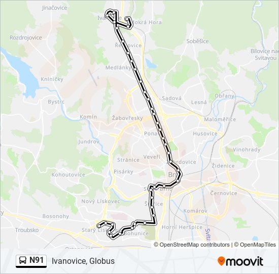 N91 autobus Mapa linky