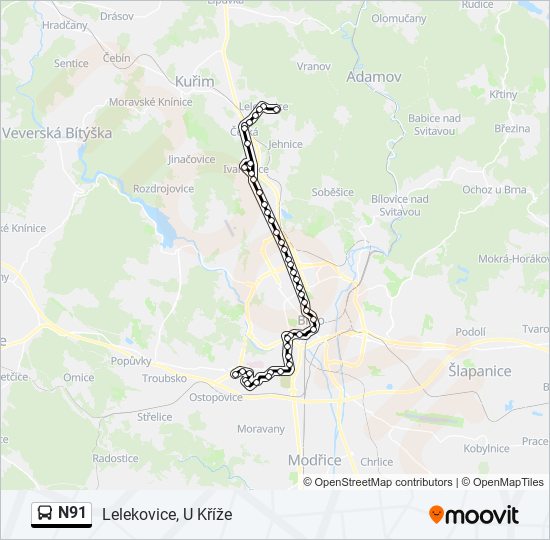 N91 autobus Mapa linky