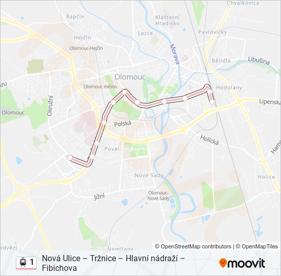 1 tramvaj Mapa linky