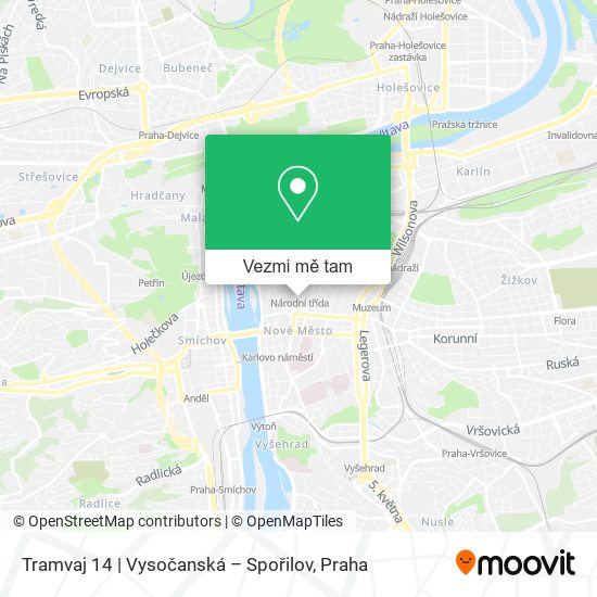 Tramvaj 14 | Vysočanská – Spořilov mapa