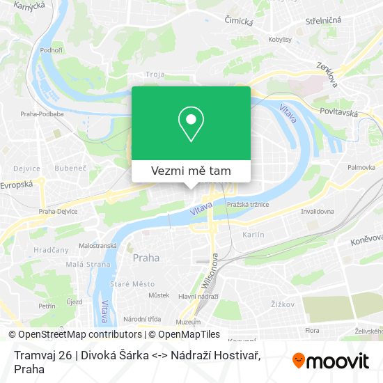 Tramvaj 26 | Divoká Šárka <-> Nádraží Hostivař mapa