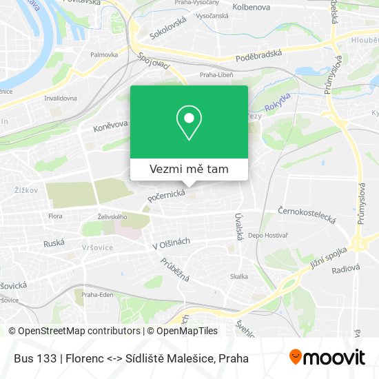 Bus 133 | Florenc <-> Sídliště Malešice mapa