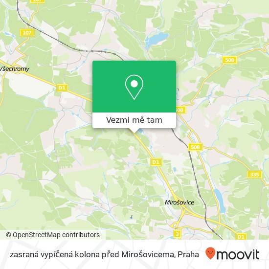 zasraná vypíčená kolona před Mirošovicema mapa