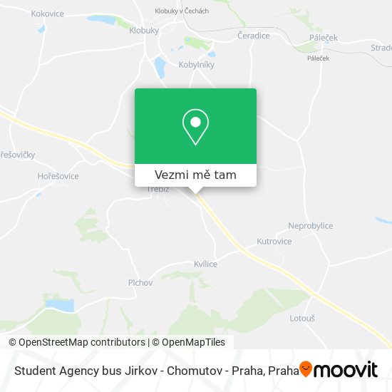 Student Agency bus Jirkov - Chomutov - Praha mapa