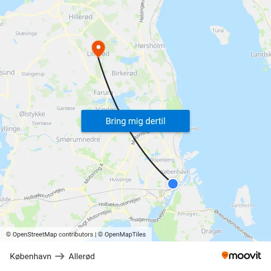 København to Allerød map