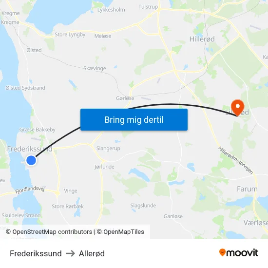 Frederikssund to Allerød map