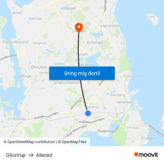 Glostrup to Allerød map