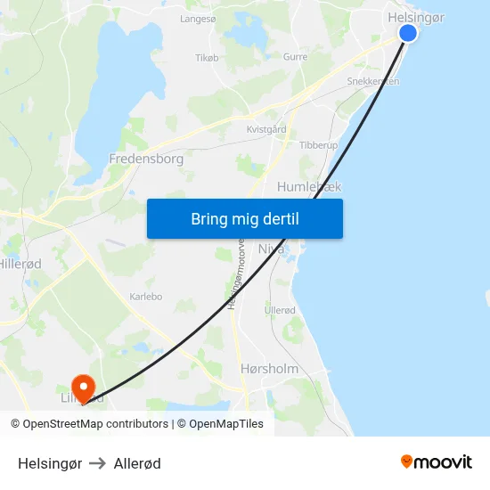 Helsingør to Allerød map
