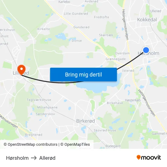 Hørsholm to Allerød map