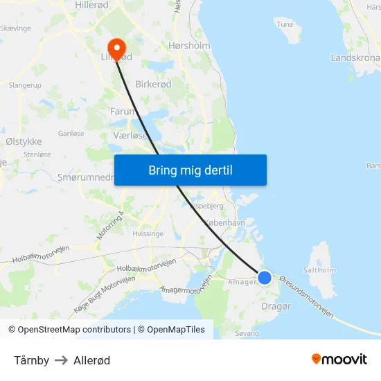 Tårnby to Allerød map