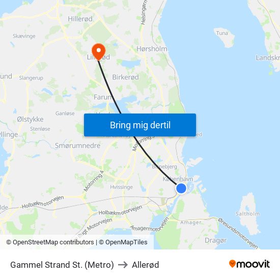 Gammel Strand St. (Metro) to Allerød map