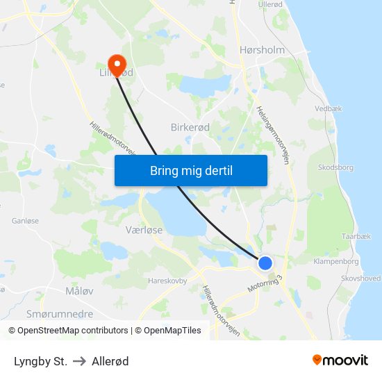 Lyngby St. to Allerød map