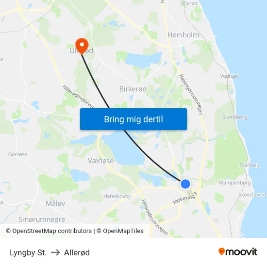 Lyngby St. to Allerød map