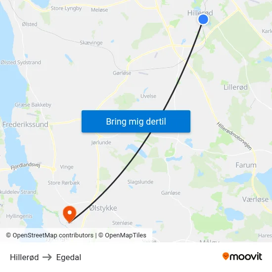 Hillerød to Egedal map