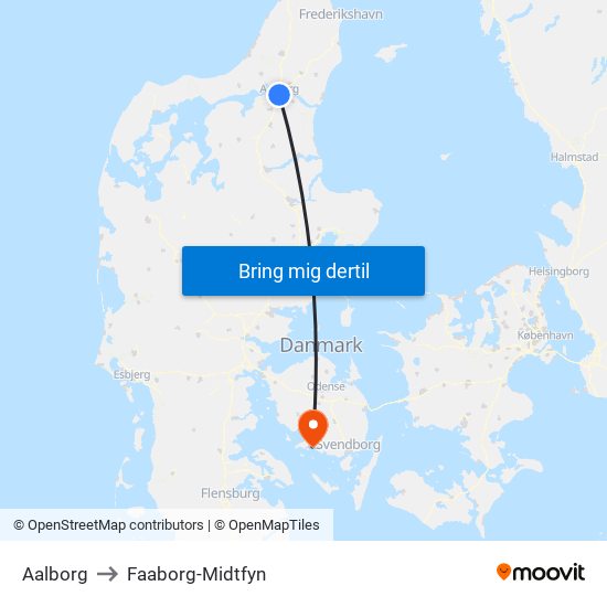 Aalborg to Faaborg-Midtfyn map